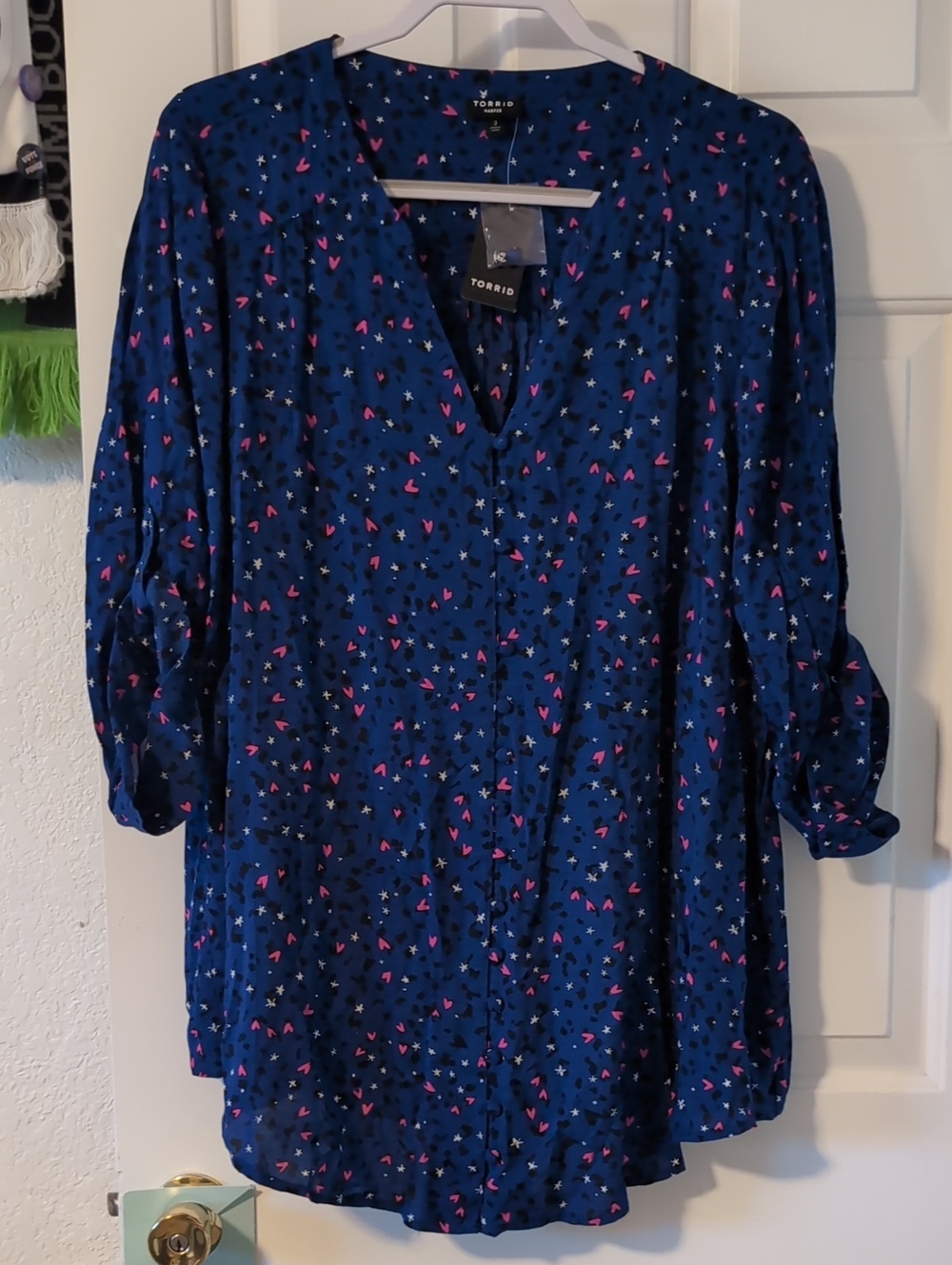 torrid Harper-Navy Blue V-Neck Tunic with Pink & White Confetti Print